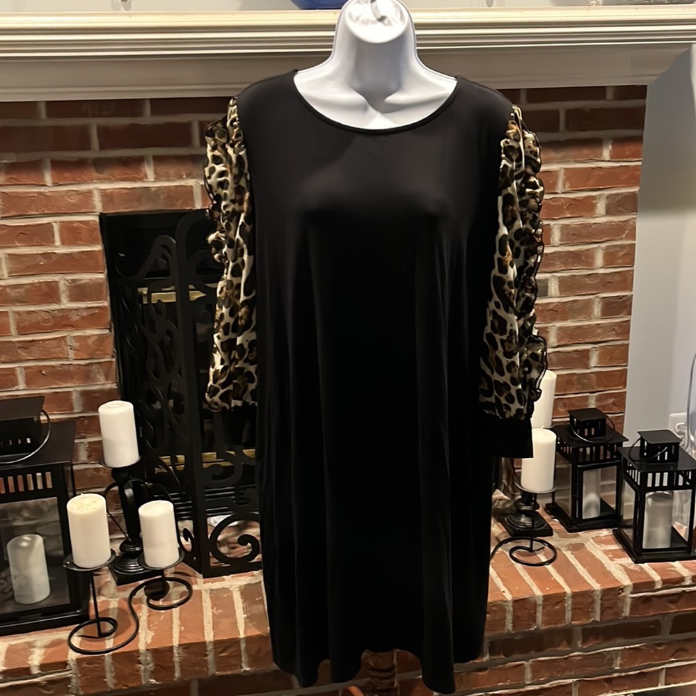 🔥Ava James Black Mini Dress with Leopard Print Ruffled Long Sleeves! Size:1X